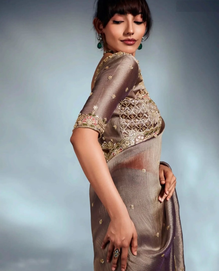 BROWN - Noteworthy Brown Sequins Work Organza Reception Wear Saree With Blouse